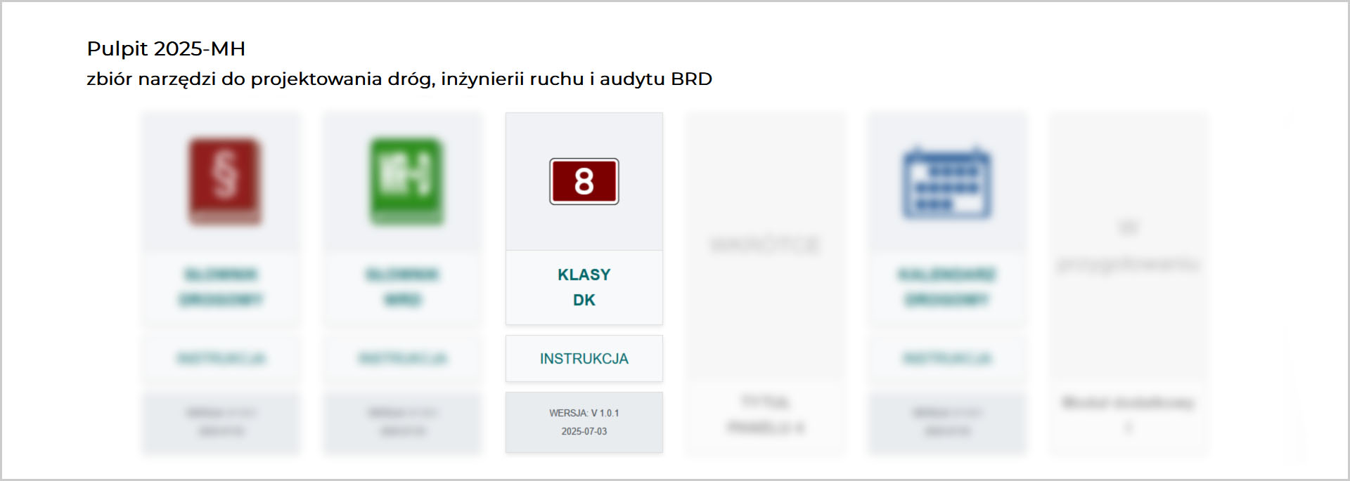 Interfejs oprogramowania Pulpit 2025-MH, na którym wyróżniono moduł "Klasy DK", służący jako interaktywna baza klas dróg krajowych.