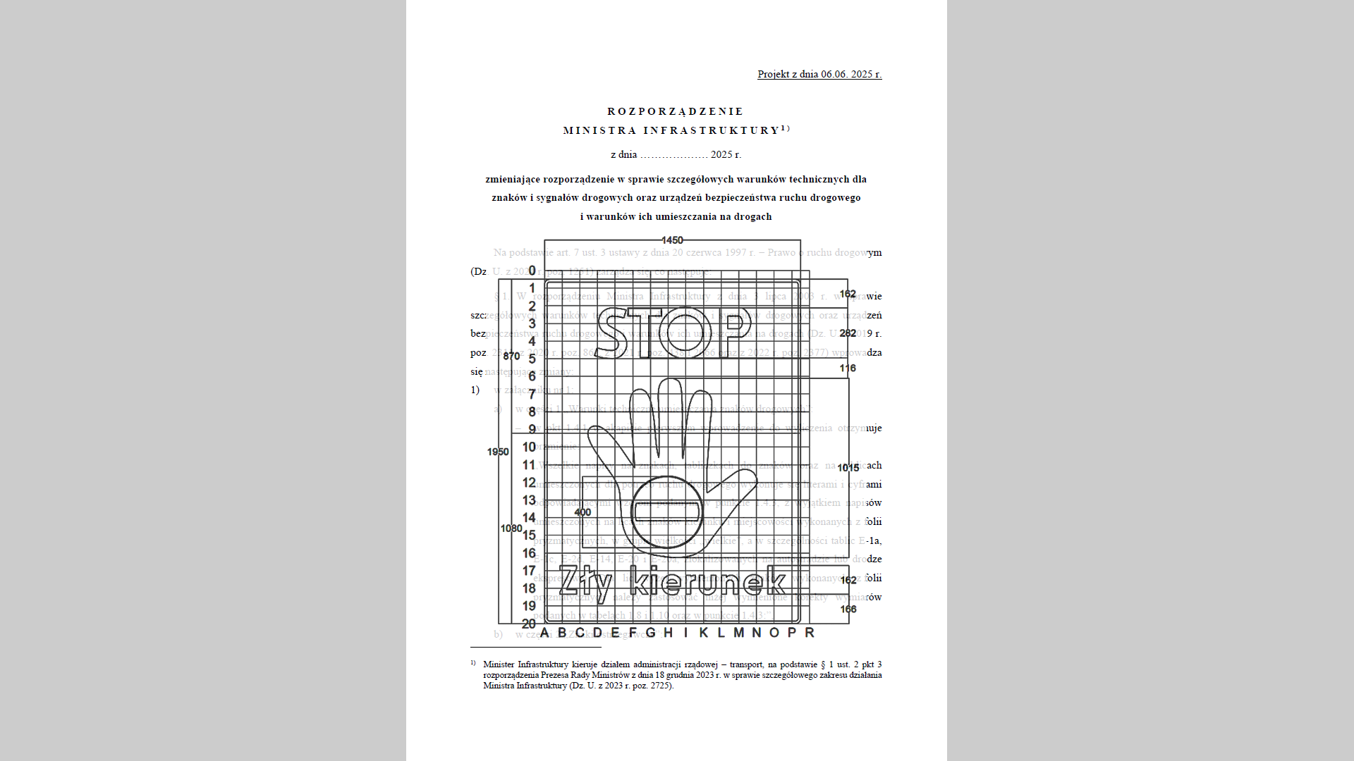 Rysunek techniczny konstrukcji znaku F-24 "Zły kierunek" na tle projektu rozporządzenia o szczegółowych warunkach technicznych dla znaków.