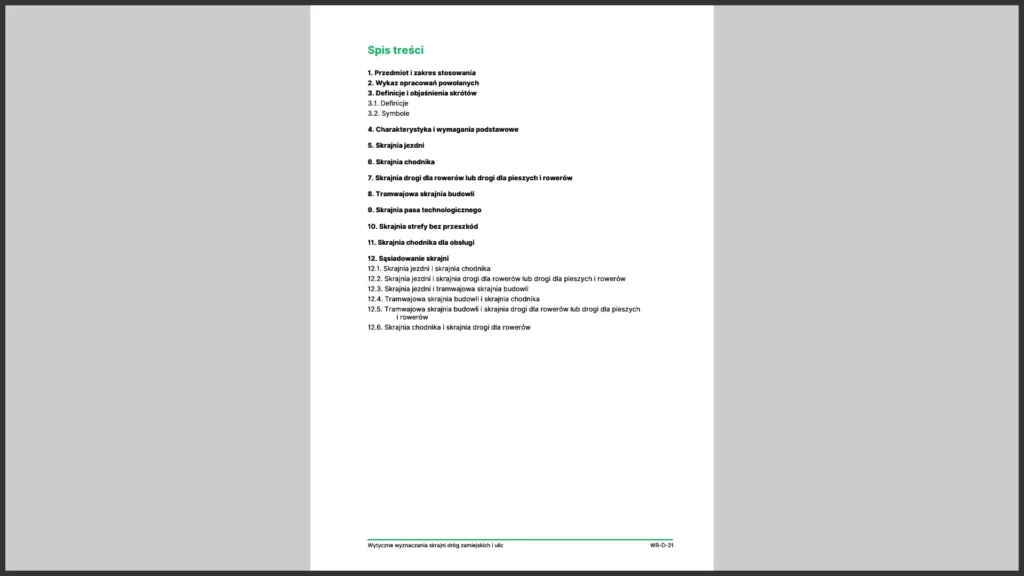 Spis treści dokumentu WR-D-21 – Wytyczne wyznaczania skrajni dróg zamiejskich i ulic.