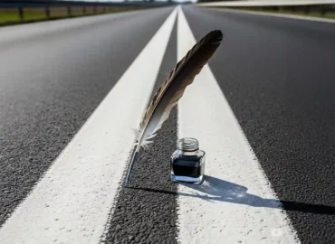 Zapiski inżyniera – pióro i kałamarz na linii ciągłej na drodze, symbolizujące autorski, wizualny format o inżynierii ruchu.