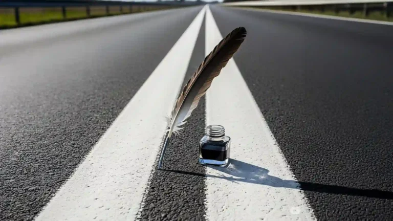 Zapiski inżyniera – pióro i kałamarz na linii ciągłej na drodze, symbolizujące autorski, wizualny format o inżynierii ruchu.