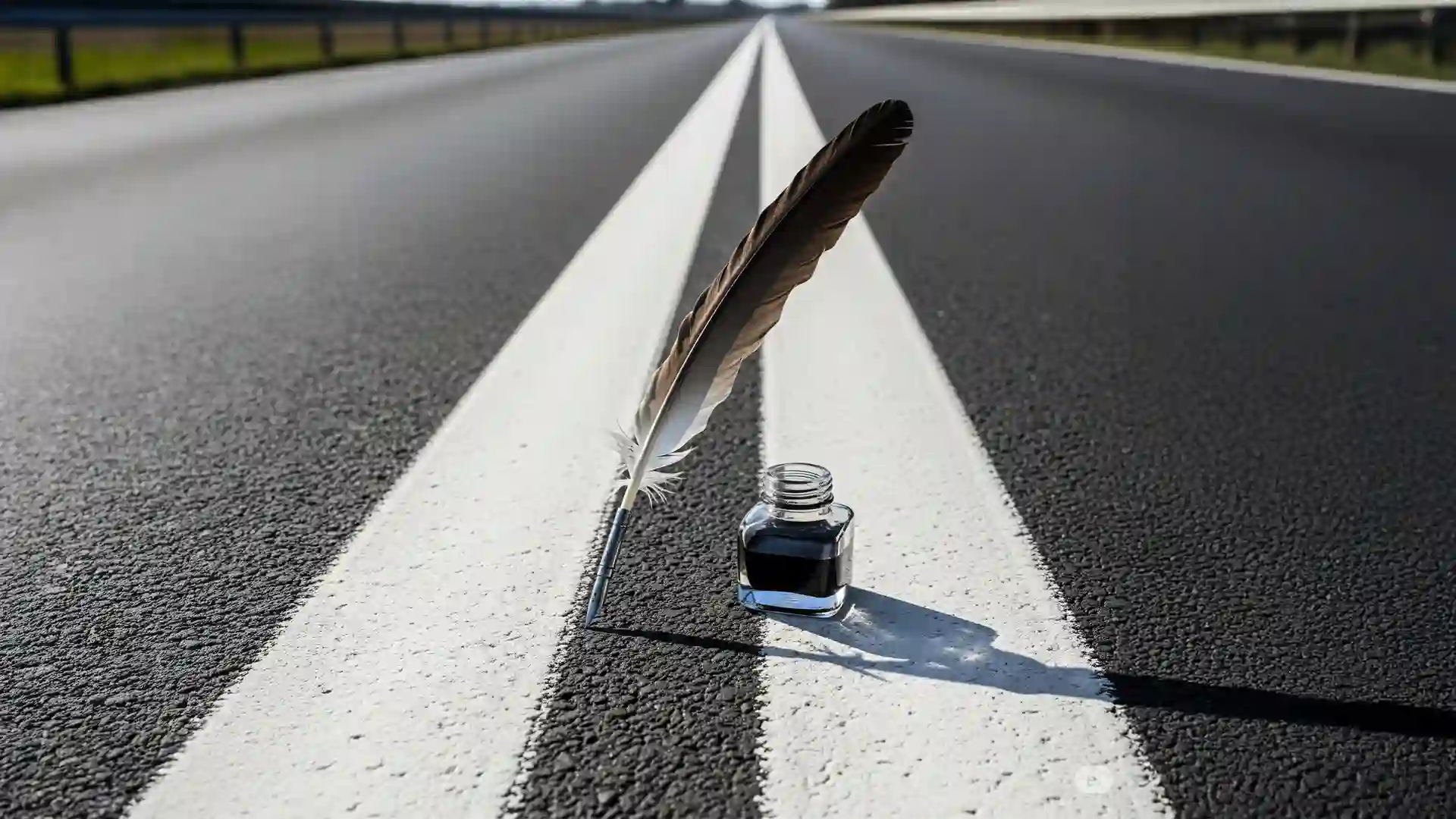 Zapiski inżyniera – pióro i kałamarz na linii ciągłej na drodze, symbolizujące autorski, wizualny format o inżynierii ruchu.