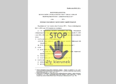 Strona tytułowa projektu rozporządzenia o zmianach w oznakowaniu drogowym 2025 z przykładem nowego znaku F-24 Zły kierunek.