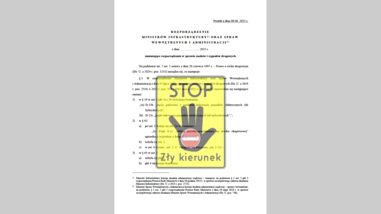 Strona tytułowa projektu rozporządzenia o zmianach w oznakowaniu drogowym 2025 z przykładem nowego znaku F-24 Zły kierunek.