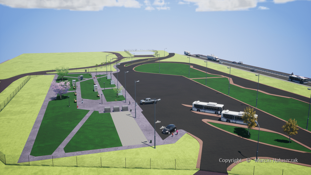 Wizualizacja MOP (Miejsca Obsługi Podróżnych) ilustrująca nową definicję "jezdni manewrowej" z nowelizacji przepisów techniczno-budowlanych 2025.