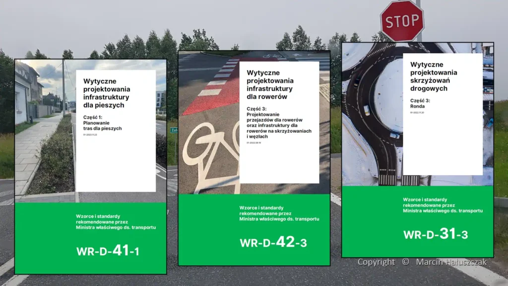 Kolaż okładek "Wzorców i standardów" (WR-D) dla pieszych, rowerów i rond. Nad całością góruje znak STOP, symbolizujący uchylenie § 3 i dyskusję nad przyszłym statusem prawnym tych wytycznych.